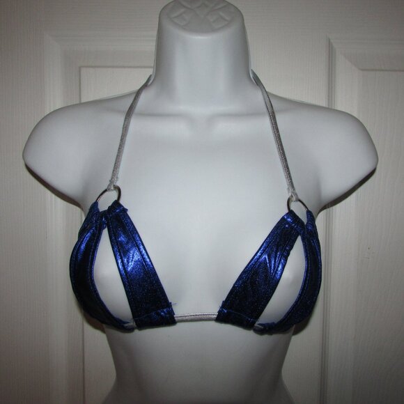 Blue Silver Metallic Micro Strappy String Thong Bikini - NEW - Picture 3 of 8
